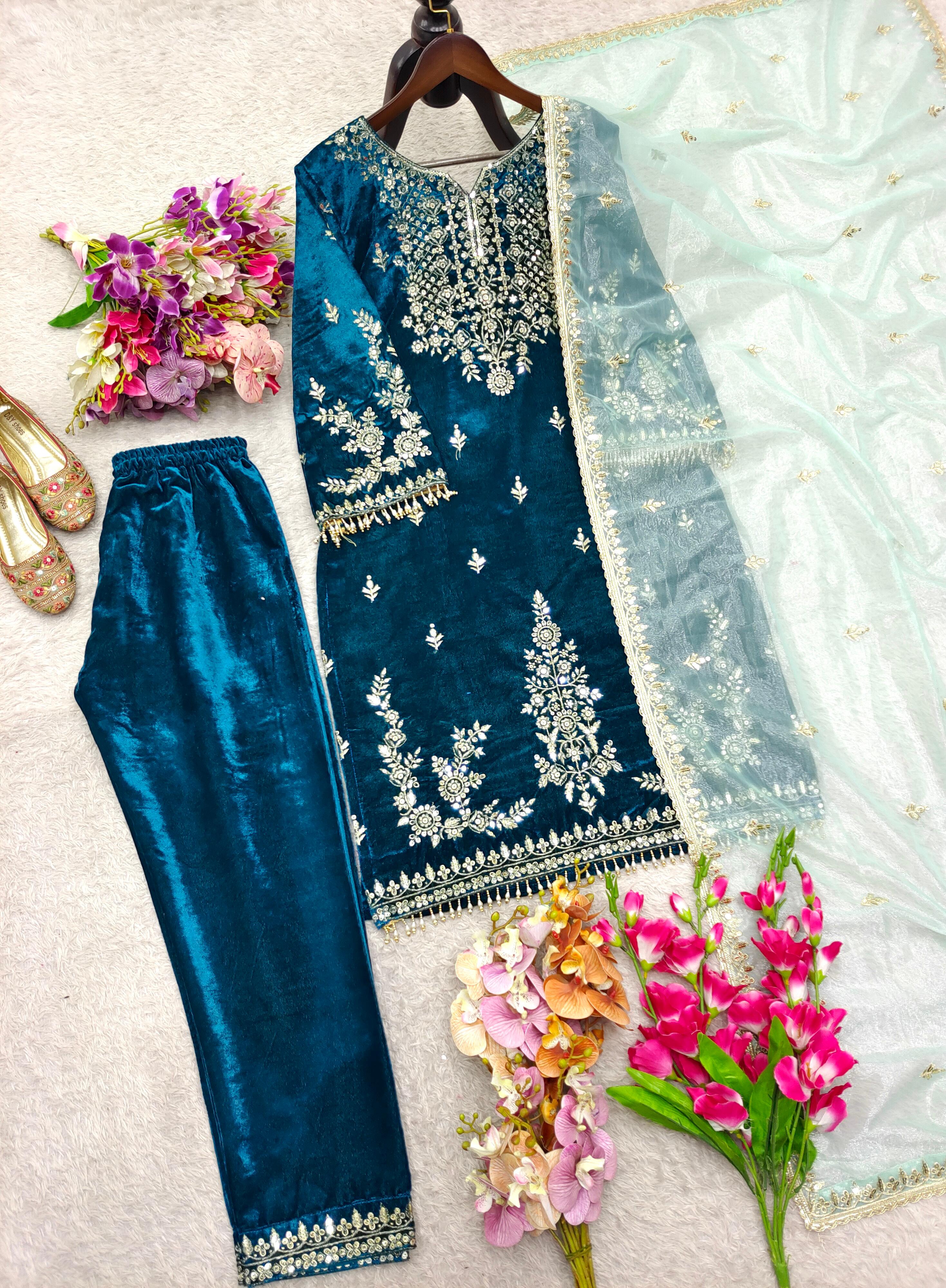 VELVET KURTI WITH BEAUTIFUL PLAZZO AND DUPATTA
