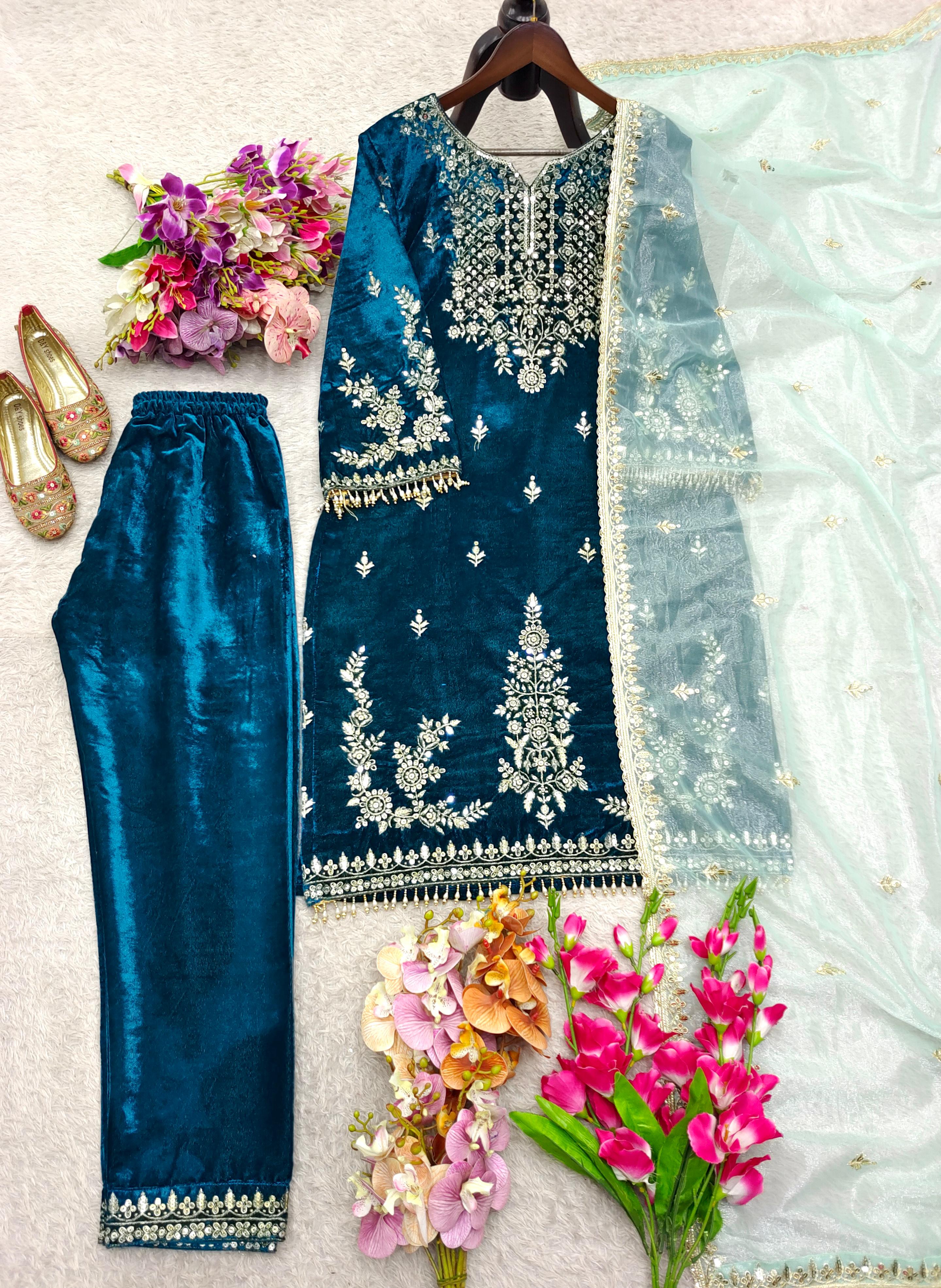 VELVET KURTI WITH BEAUTIFUL PLAZZO AND DUPATTA